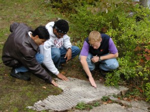 Johny Chaklader, Chris Karmosky & Victor Matos examine ripple marks in the Potsdam Sandstone, right above unconformity, Lake George NY