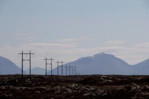 Power lines on Smøla. If examined closely, an eagle can be seen on the left of the second cable tower to the front.