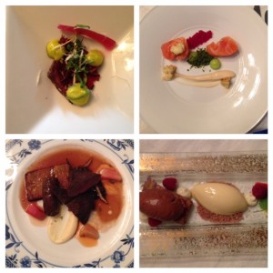 My meal - a taste of whale (top left), salmon appetizer (top right), reindeer steaks and sausage (bottom left), and chocolate mousse, brownie, and passion fruit sorbet with mascarpone for dessert (bottom right)