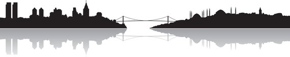 Illustration of bridge between New York skyline and Istanbul skyline