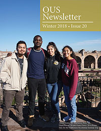 Cover of the winter 2018 newsletter, featuring four students at a historical site abroad
