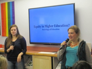 SOAN students X (l) Elizabeth Evans (r) and speak during a Women's Studies brown bag discussion about inequality in higher education, a topic in their Sociology of Education course, Fall 2013 with Prof Janel Benson.