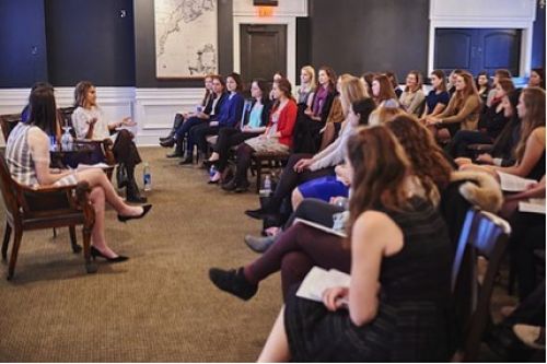 Jessica Alba and Jennifer Hyman meet with the Colgate Women in Business group on the opening day of Entrepreneur Weekend