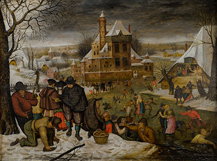Pieter Brueghel the Younger (Flemish, 1564/65-1637/38)<br /> <em>Winter Landscape with Ice-Skaters</em> (after 1616) Oil on panel, 22 &frac34;” x 17”<br /> Gift of Max Oberlander