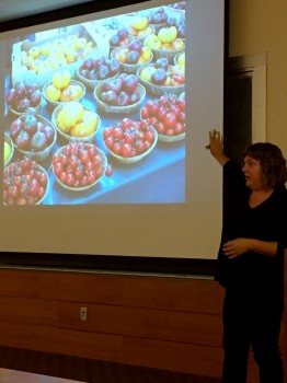 Dr Jennifer Jordan began the series on Thursday evening with her lecture, "Edible Memory: How Tomatoes Became Heirlooms and Apples Became Antiques." Dr Jordan, shown here with a display of heirloom tomatoes, investigates the way that collective memory shapes our views and habits related to food.
