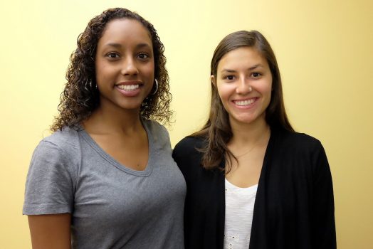 Jennifer Dias '16 (left) and Kayleigh Bhangdia '16, winners of the 2016 Upstate Institute Awards